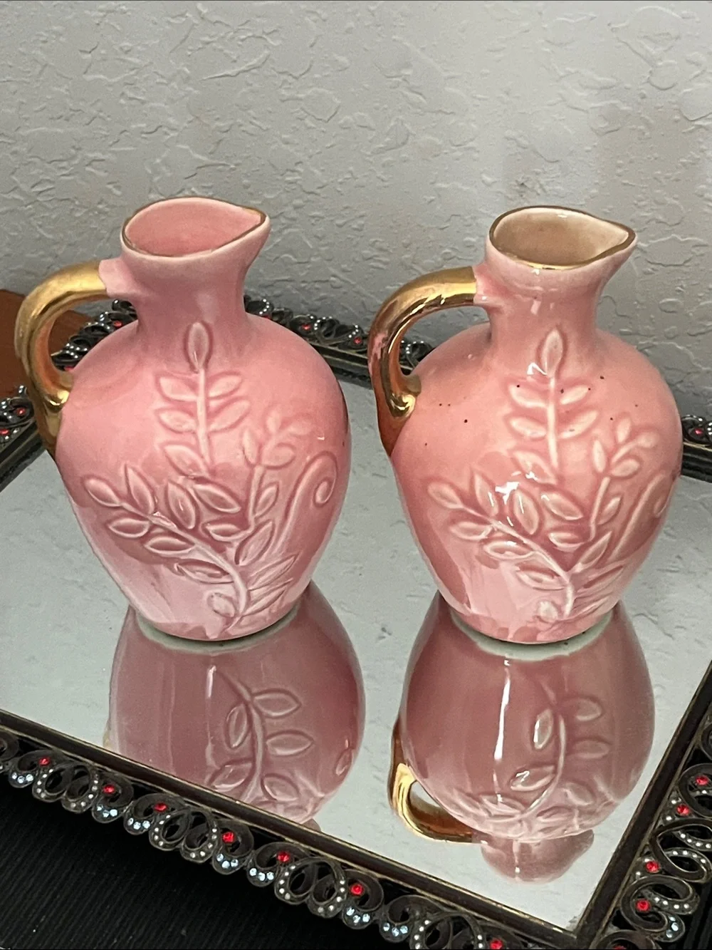American Pottery VTG Pink Ceramic Rose Accent Pitcher (Set of 2) with Gold Trim